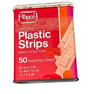 Topco Assorted Plastic Strips Bandaids Vintage Metal Box *Empty*